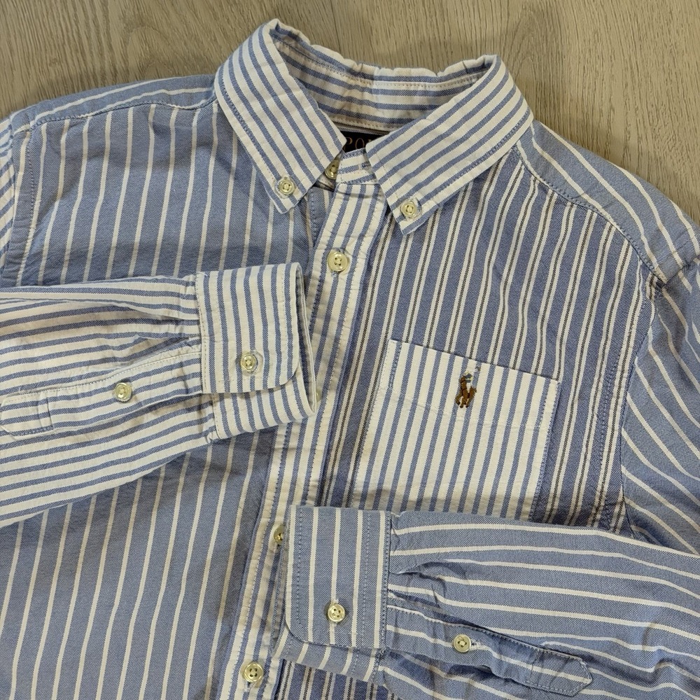 Polo Ralph Lauren Shirt Boys L  Oxford Long Sleeve Pocket Striped Blue & White